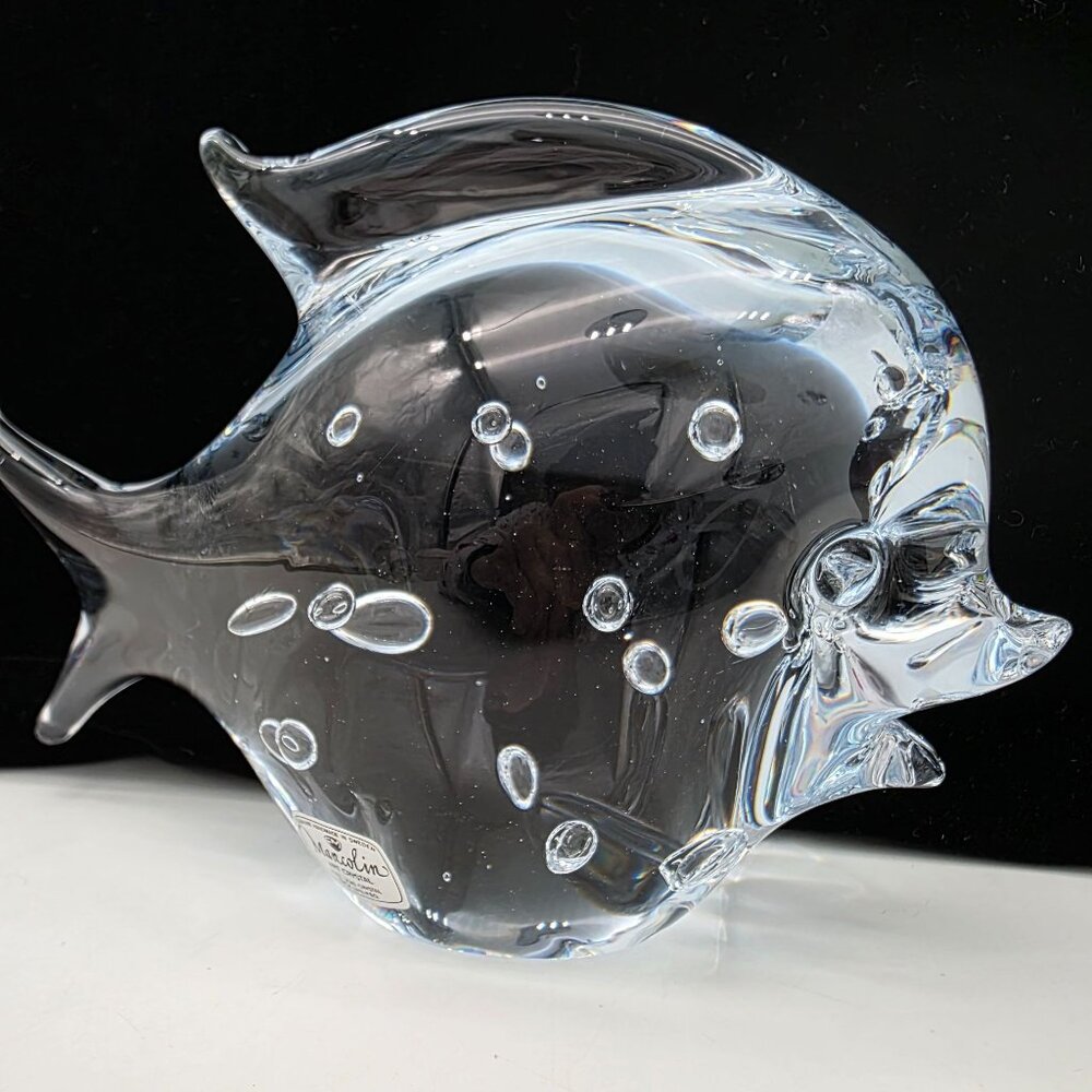 Signed Marcolin Sweden Art Glass Paperweight Fish Figure Bubbles 4.75" Tall